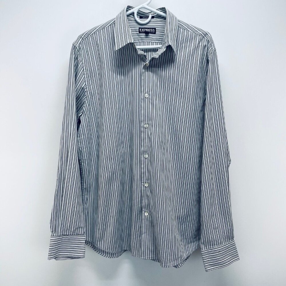 Express Shirt Size L Men’s Long Sleeve Button Down Fitted Gray White Striped